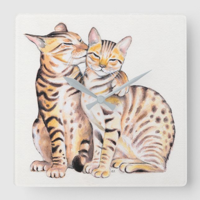 Zwei Niedliche Bengalische Katzen Aquarellkunst Quadratische Wanduhr (Vorderseite)