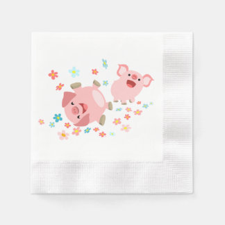 Zwei Niedliche Cartoon Schweine im Frühjahrspapier Serviette