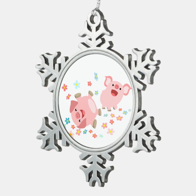 Zwei Niedliche Cartoon Schweine im Frühlingszinnsc Schneeflocken Zinn-Ornament (Rechts)