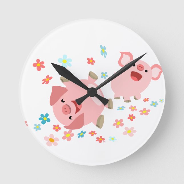 Zwei Niedliche Cartoon Schweine in der Frühlingswa Runde Wanduhr (Vorderseite)