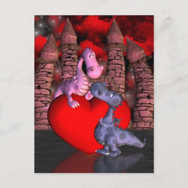 zwei niedliche Drachen, eine auf einem Herz, die e Postkarte (Vorderseite)