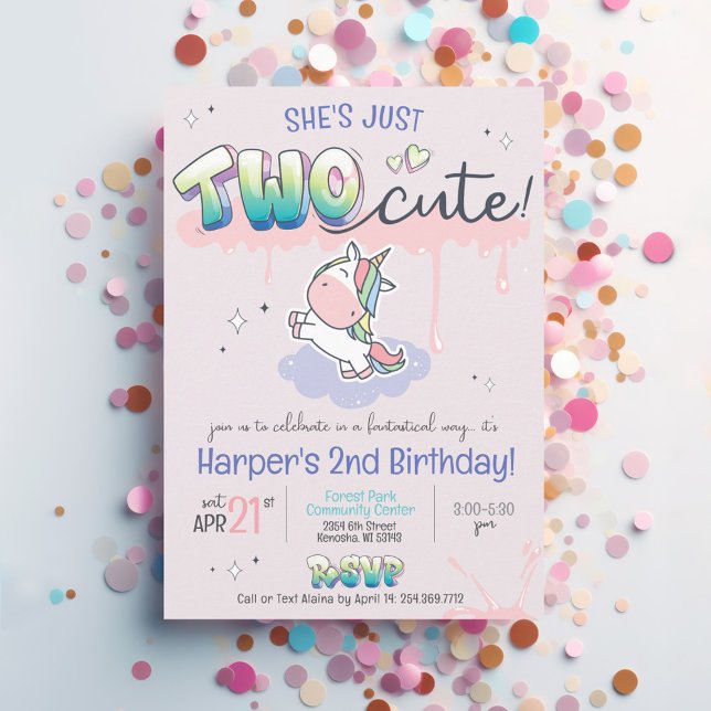 ZWEI Niedliche Einhorn Rainbow Pink Girl 2. Geburt Einladung (TWO cute girly kawaii unicorn rainbow pink purple graffiti magic girl birthday invitation)