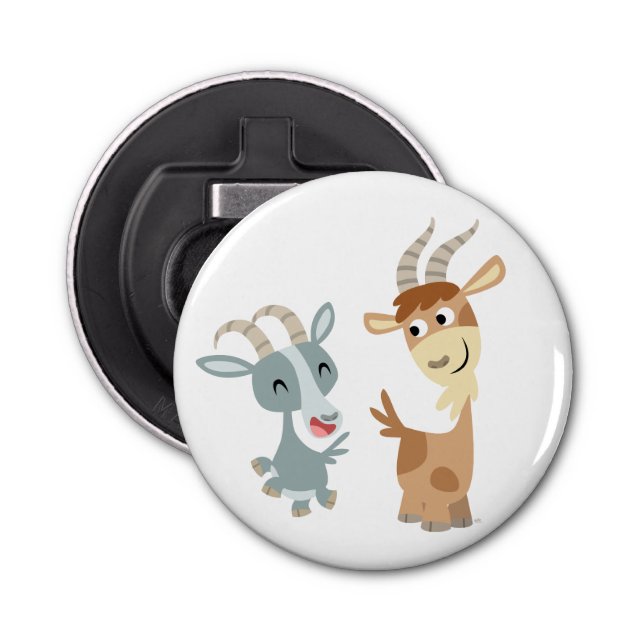 Zwei Niedliche Happy Cartoon Goats Button Flaschen Flaschenöffner (Vorderseite)