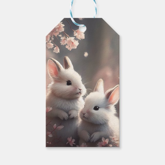 Zwei niedliche Kaninchen mit Sakura-Geschenk-Tag Geschenkanhänger (Vorderseite)