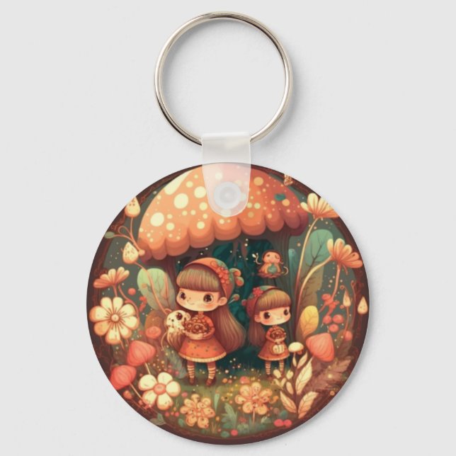Zwei niedliche kleine Elfen unter Pilzen Schlüsselanhänger (Vorderseite)