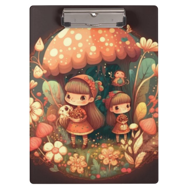 Zwei niedliche kleine Elfen unter Pilzen Zwischena Klemmbrett (Vorderseite)