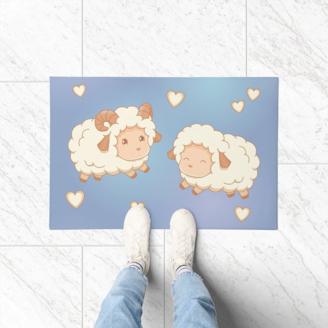 Zwei Niedliche kleine Schafe Ram Ewe auf Blue Fußmatte (Indoor)