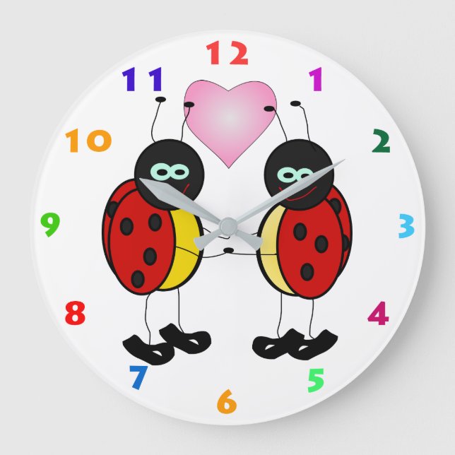 ZWEI NIEDLICHE LADYBIRDS UND KINDERHERZ FÜR KINDER GROßE WANDUHR (Vorderseite)