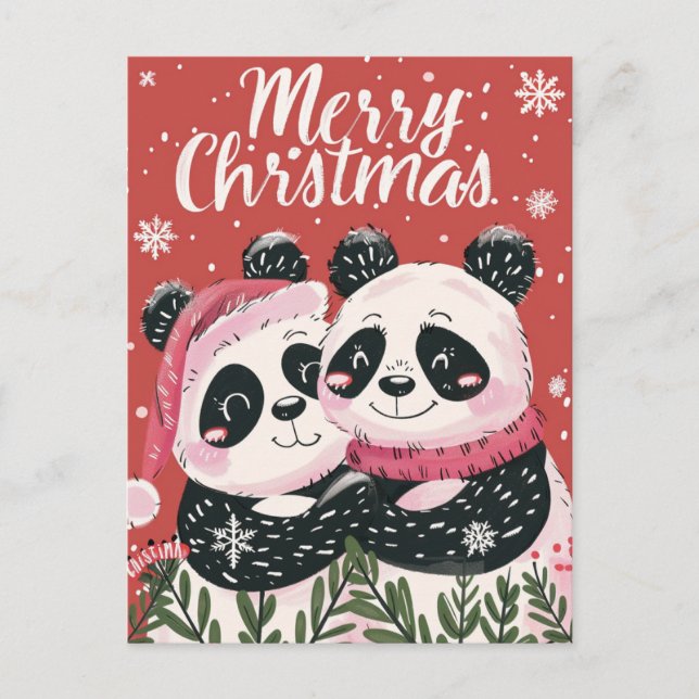 Zwei niedliche Panda frohe Weihnachten Postkarte (Vorderseite)