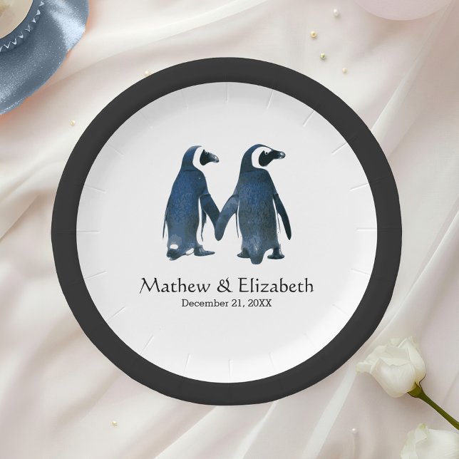 Zwei Niedliche Pinguine | Romantische Hochzeit Pappteller (Von Creator hochgeladen)