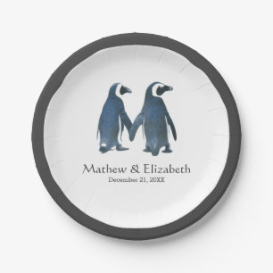 Zwei niedliche romantische Hochzeit der Penguins- Pappteller