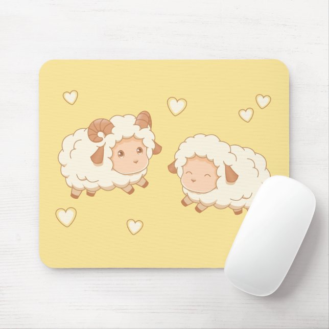 Zwei Niedliche Schafsschaum-Ewe auf Gelb Mousepad (Mit Mouse)