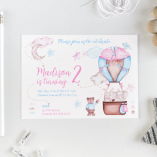 Zwei Niedliche Tiere Ballon Whimsical Geburtstag Einladung