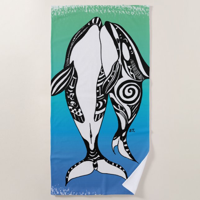 Zwei Orca Killer Whales Stamm Doodle Aquamarin Blu Strandtuch (Vorderseite)