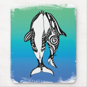 Zwei Orca-Wal-aquamarines Blau gebürstete Stammes Mousepad