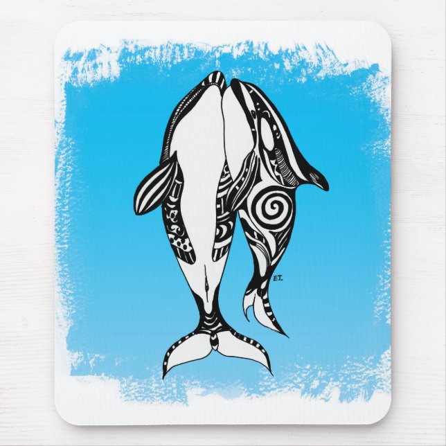 Zwei Orca Whales Tribal Blue Brushed Mousepad (Vorne)