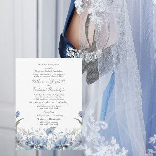 Zwei-Orte-Staubblau-Blumen-Hochzeit beider Eltern Einladung