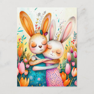 Zwei Osterhasen auf Tulpenfeld Postkarte