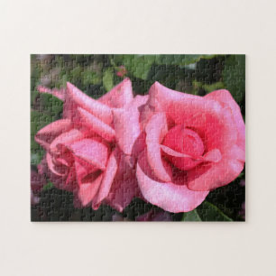 zwei perfekte heiß rosa Rosenblumen. Liebe Puzzle