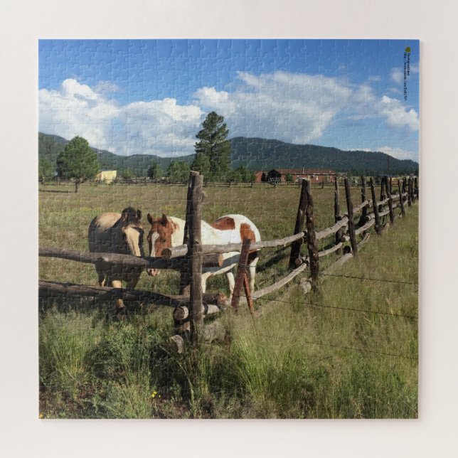 Zwei Pferde an einem rustikalen Holzzaun Fotografi Puzzle (Horizontal)