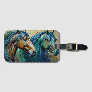 Zwei Pferde Aquamarin blaugrün braun Gepäckanhänger