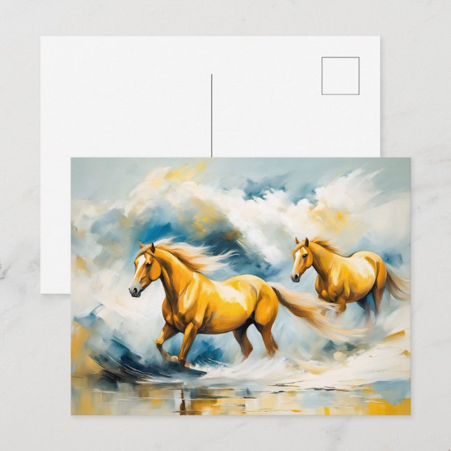 Zwei Pferde galoppieren durch das flache Wasser Postkarte (Vorne/Hinten)