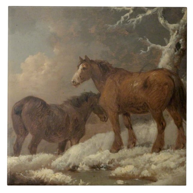 Zwei Pferde im Schnee (Winterlandschaft) Fliese (Vorderseite)