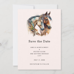 Zwei Pferde mit Feather Dekorationen Boho Hochzeit Save The Date