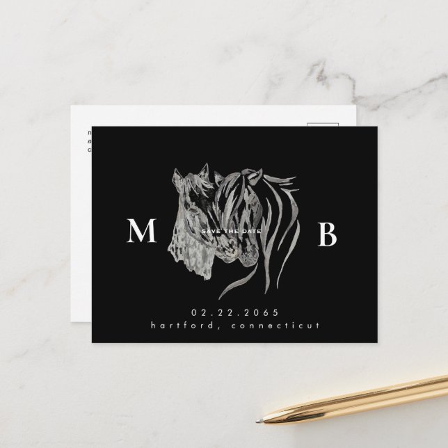 Zwei Pferde Monogram Black Wedding Save the Date Ankündigungspostkarte (Vorderseite/Rückseite Beispiel)