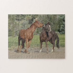 Zwei Pferde spielen Puzzle