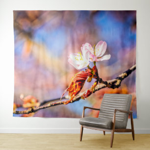 Zwei Phantastische Sakura-Blume. Rosa, blauer Hint Wandteppich