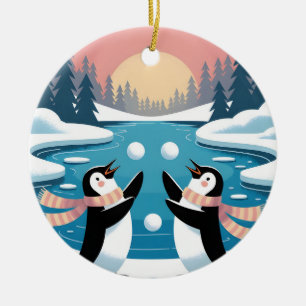 Zwei Pinguine jonglieren Schneebälle bei einem Win Keramik Ornament