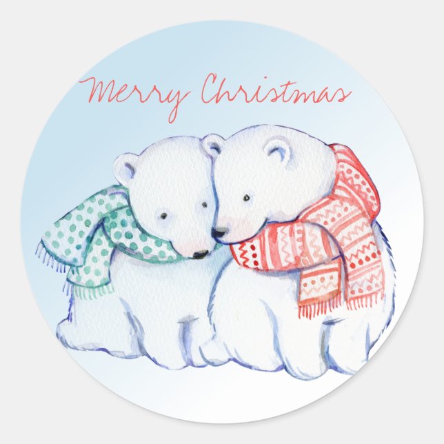 Zwei Polar Bears Frohe Weihnachtskleber Runder Aufkleber (Vorderseite)