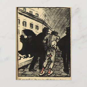 Zwei Polizisten nehmen einen in Lumpen verkleidete Postkarte