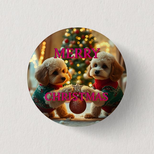 ZWEI POODLES FEIERN CHRISTMAS BUTTON (Vorderseite)