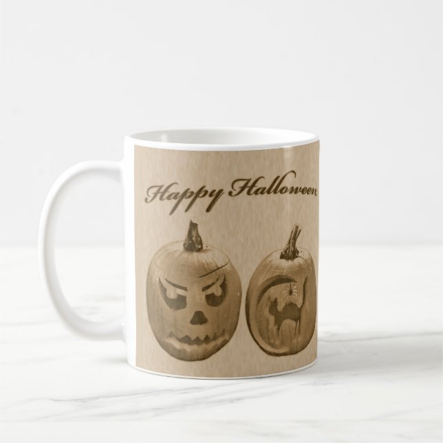Zwei Pumpkins glückliche Halloween-Tasse Kaffeetasse (Links)