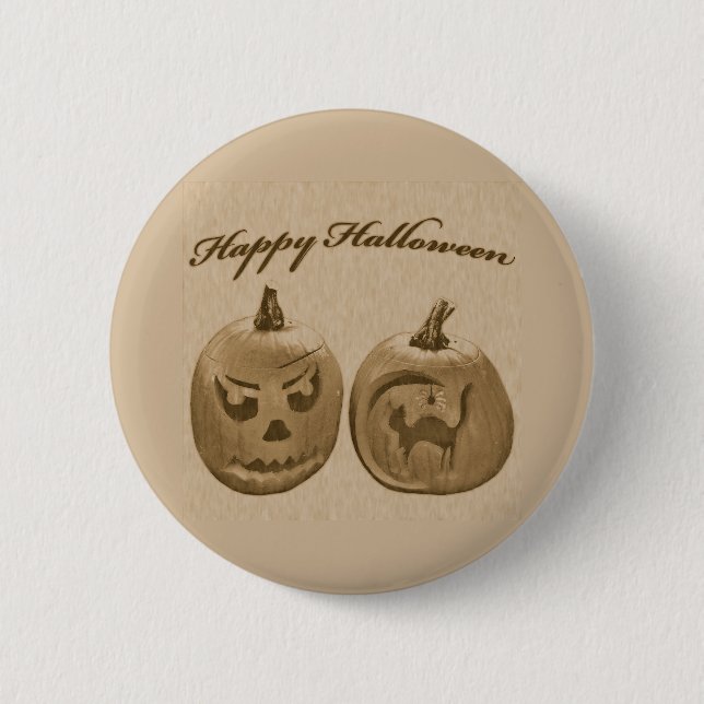 Zwei Pumpkins glückliches Halloween Button (Vorderseite)