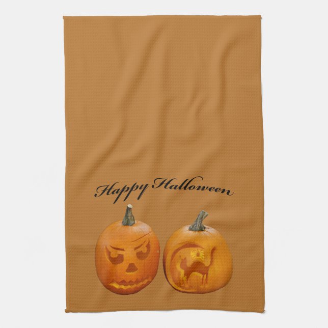 Zwei Pumpkins glückliches Halloween Geschirrtuch (Vertikal)
