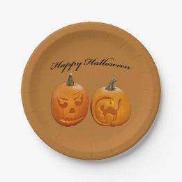 Zwei Pumpkins glückliches Halloween Pappteller
