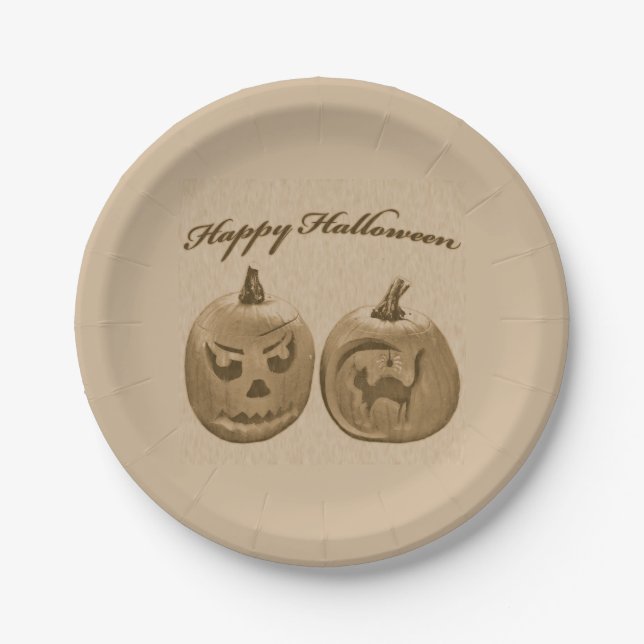 Zwei Pumpkins glückliches Halloween Pappteller (Vorderseite)