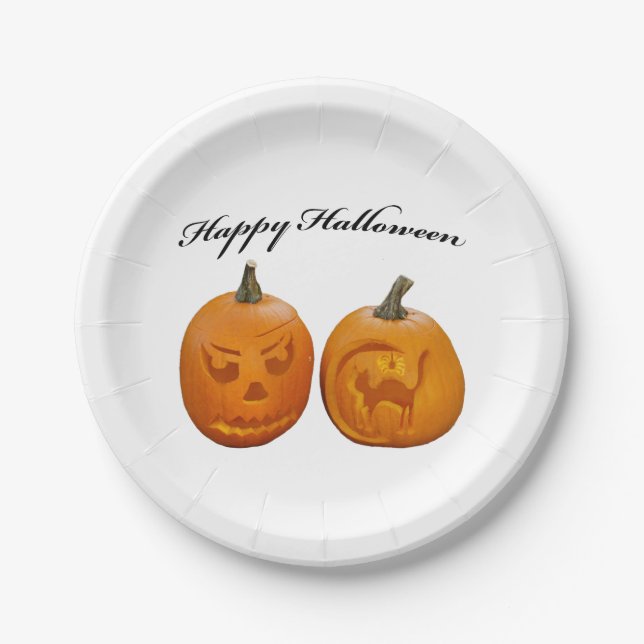 Zwei Pumpkins glückliches Halloween Pappteller (Vorderseite)