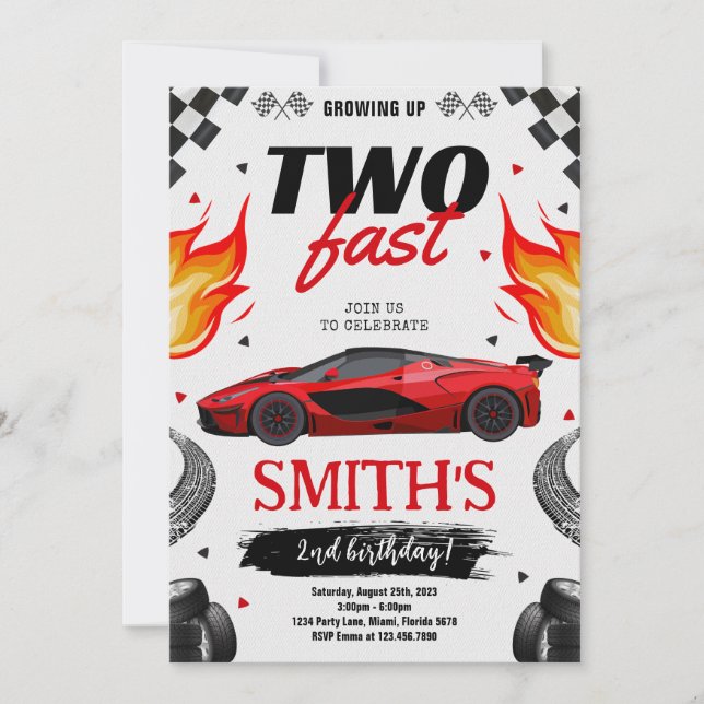 Zwei rasante Rennwagen-Junge zum Geburtstag wachse Einladung (Vorderseite)