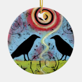 Zwei Ravens setzen sich und reflektieren Whimsical Keramik Ornament