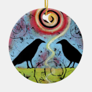 Zwei Ravens setzen sich und reflektieren Whimsical Keramik Ornament