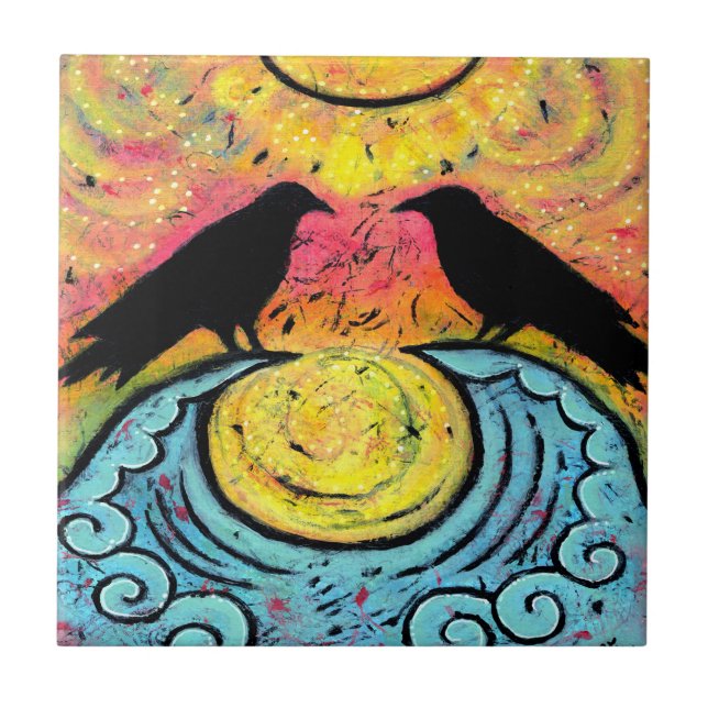 Zwei Ravens Sit & Reflect auf der Waves Keramik Ti Fliese (Vorderseite)