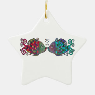 Zwei Regenbogen-wunderliche Fisch-Paar-Paare sehr Keramik Ornament