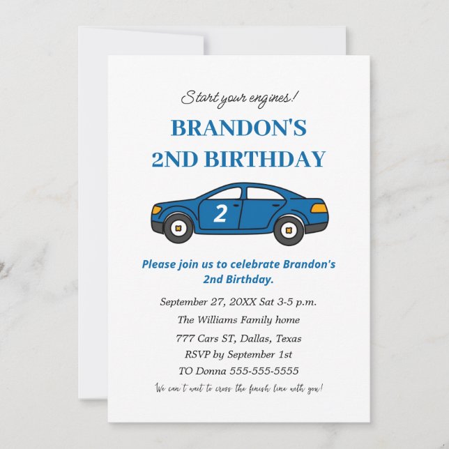 Zwei Rennwagen 2. Geburtstag Junge Einladung (Vorderseite)