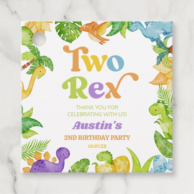 Zwei Rex Dinosaurier 2. Geburtstagsparty Geschenkanhänger (Vorderseite)