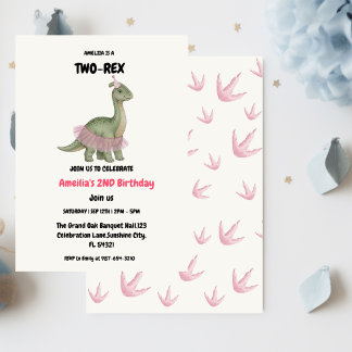 Zwei Rex Ready Dinosaurier, Mädchen zweite Geburts Einladung