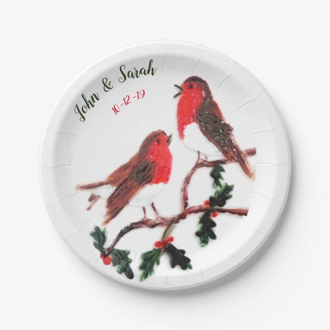 Zwei Robin Birds Winter Holly Wedding Pappteller (Vorderseite)